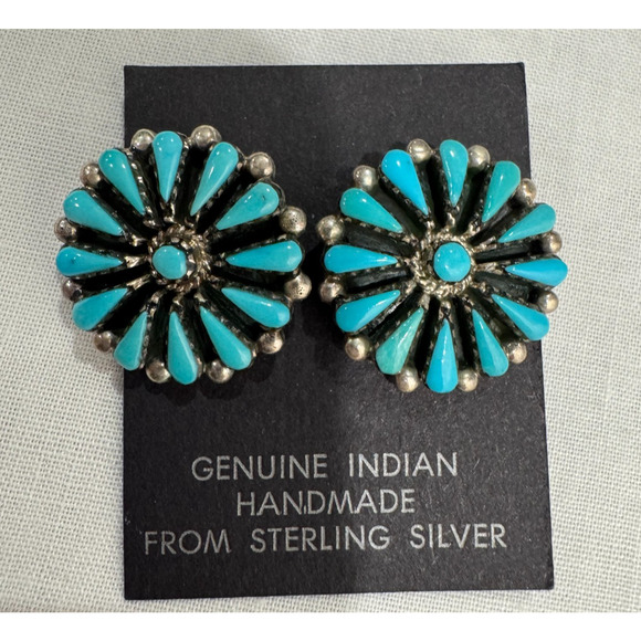 Native American Sleeping Beauty Turquoise Earrings Needlepoint Sterling Signed - Picture 1 of 7